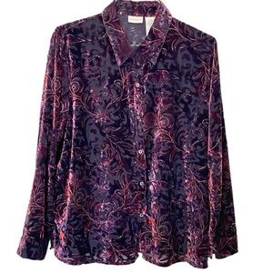 White Stag Velvet Burnout Button Front XL Blouse Purple Black Ornate Scroll